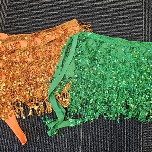 Sequined Fringe Hip Scarves in Orange and Green